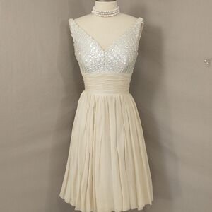 Vintage Party Dress Mini Fit & Flare Sequin Top Sheer Circle Over Taffeta Cream